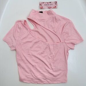 SHEIN Light Pink Asymmetrical Ribbed Crop Top